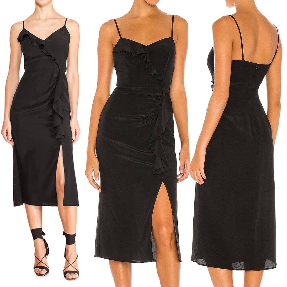 Parker 100% Silk Ellender Ruffle Slit Midi Dress Sz 6 Black Slip Asymmetric $378 - Picture 1 of 12